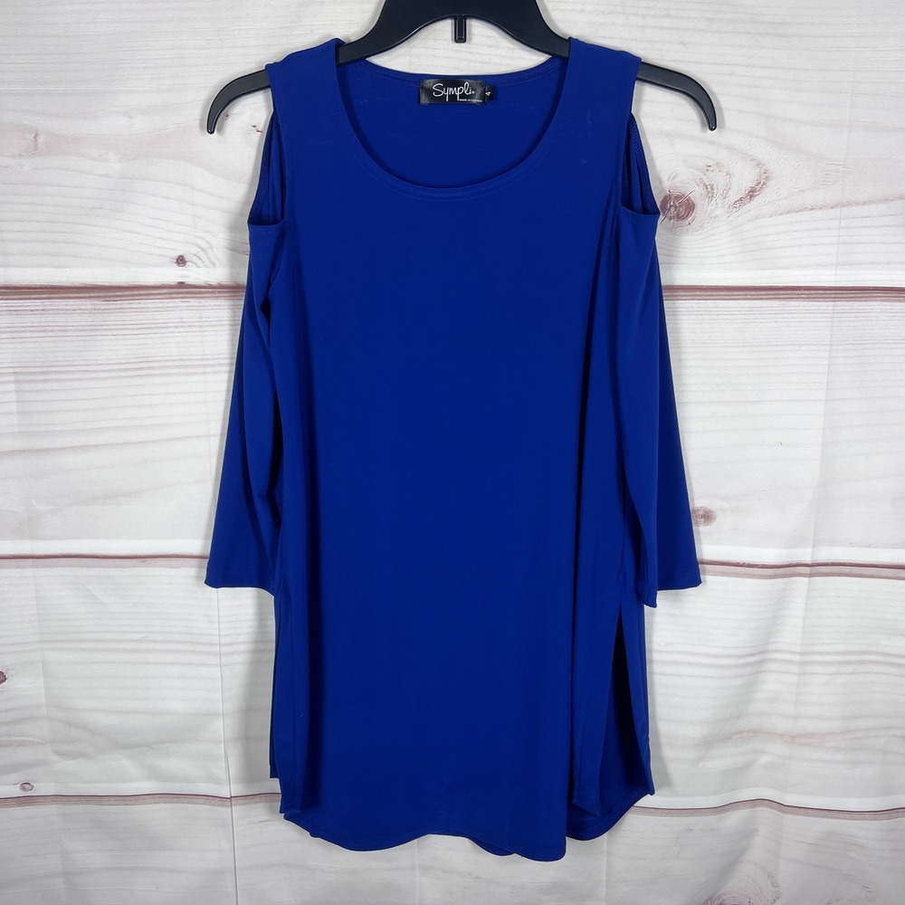 Sympli Top Women 4 Blue Cold Shoulder Tunic Blouse Side Slit Stretch Jersey Knit